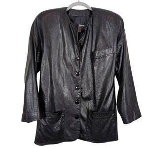 Vintage Vakko Leather Black Jacket Size M Croc Embossed USA Made Button Front